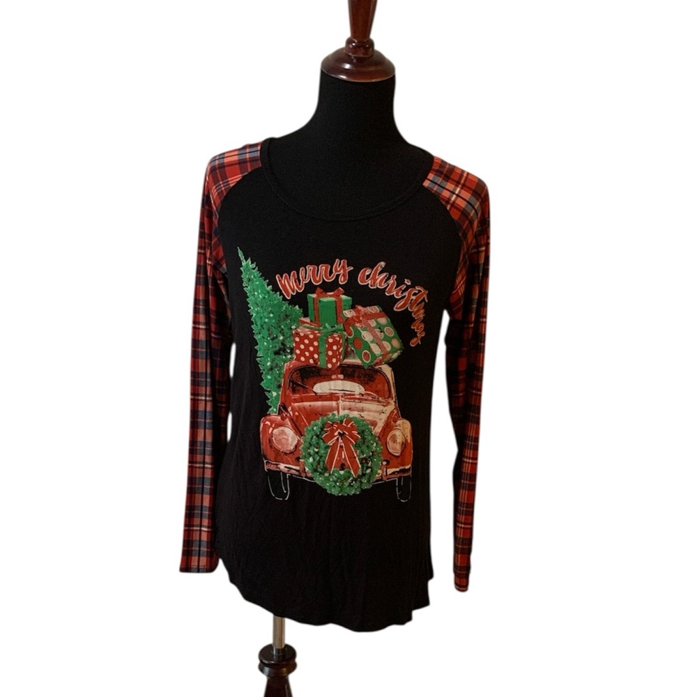 Color Bear Christmas Tree Red Truck Plaid Raglan Tee Women’s Size Large